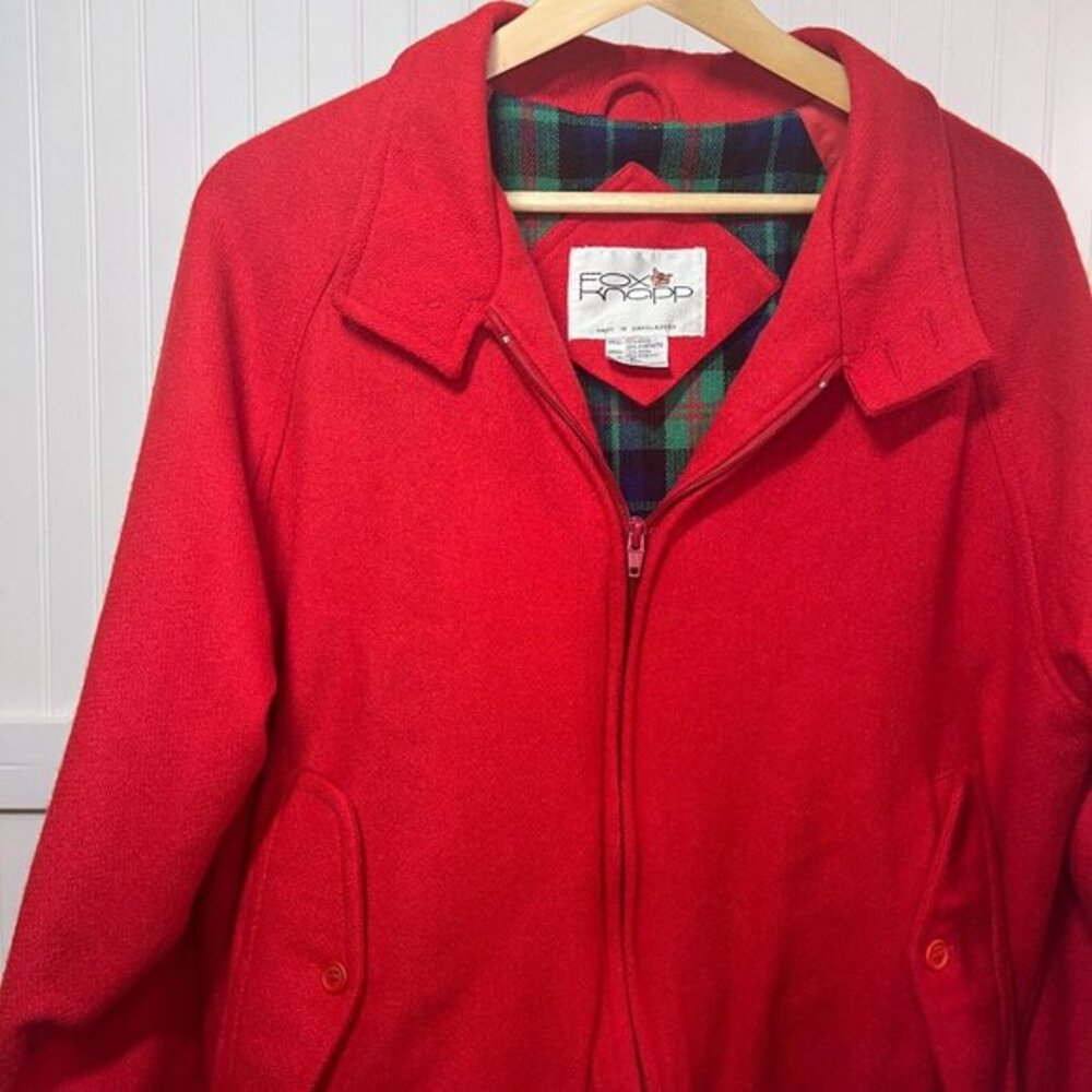 Vtg Fox Knapp Jacket Red Retro Bright Wool Bomber Plaid Lined Harrington M